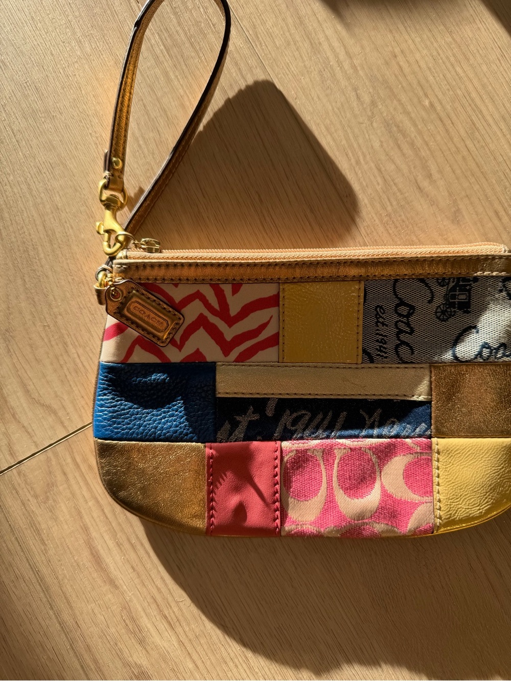 Coach Patchwork Wristlet in Blue, Pink, Yellow, Gold
